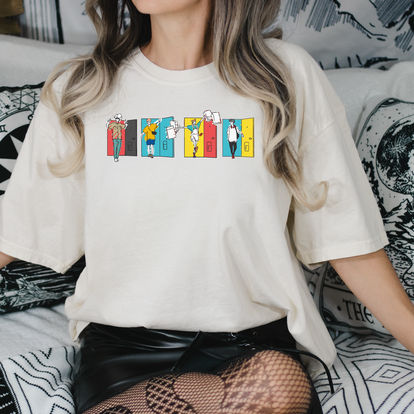 a woman sitting on a bed with her legs crossed