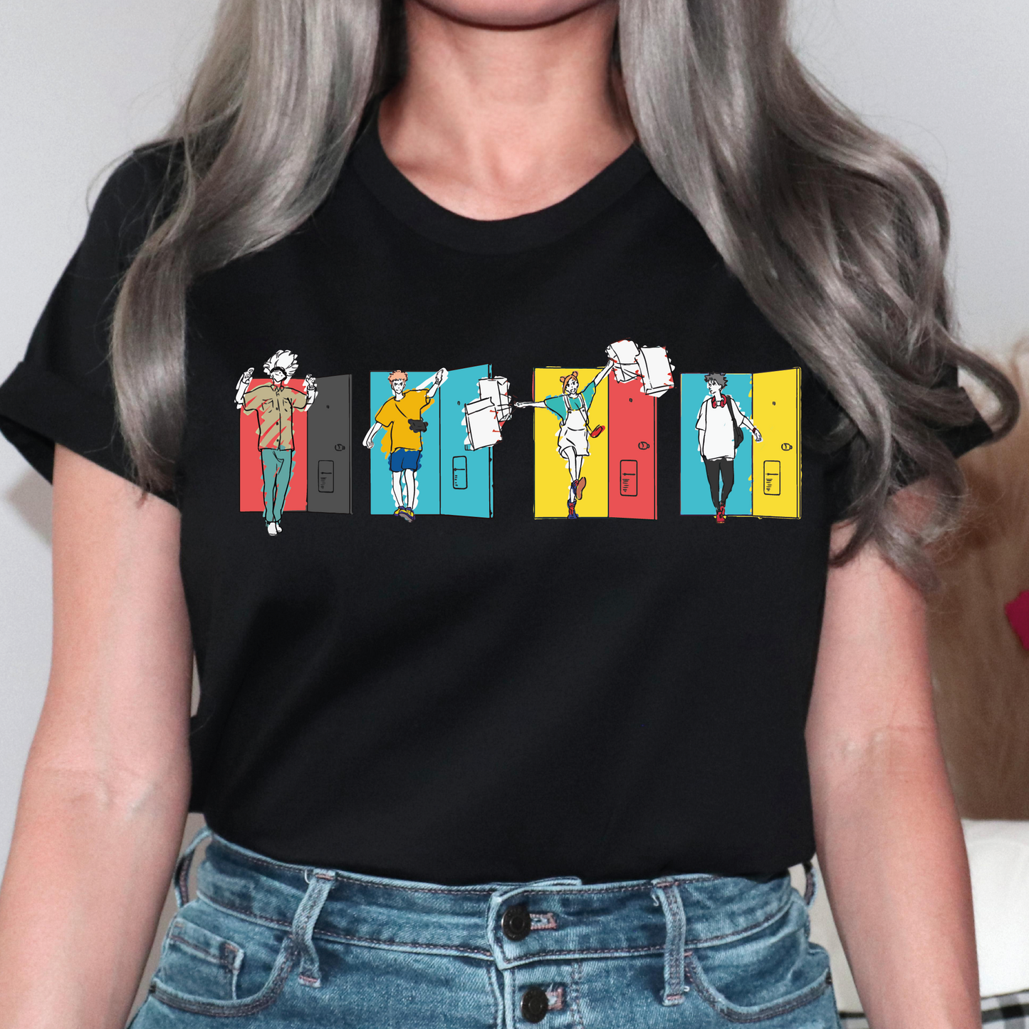 a woman with grey hair wearing a black shirt