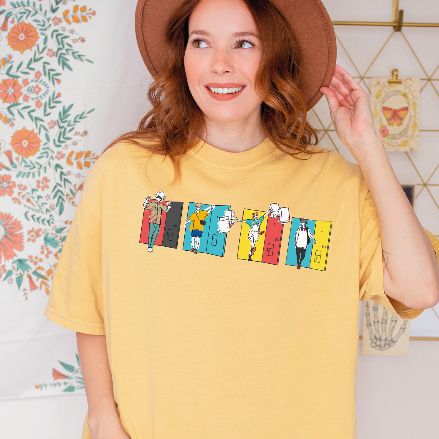 a woman wearing a yellow shirt and a brown hat