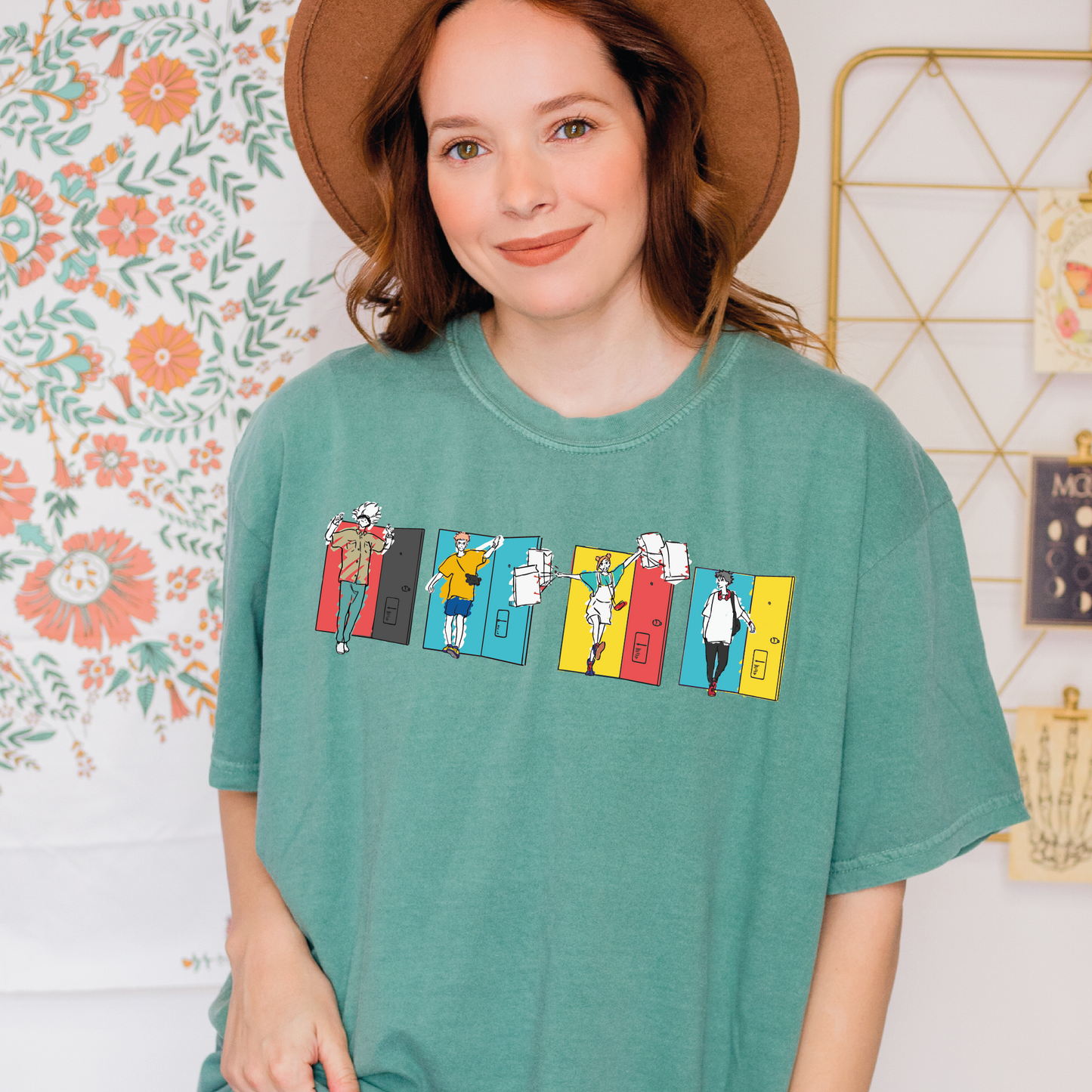 a woman wearing a green shirt and a brown hat