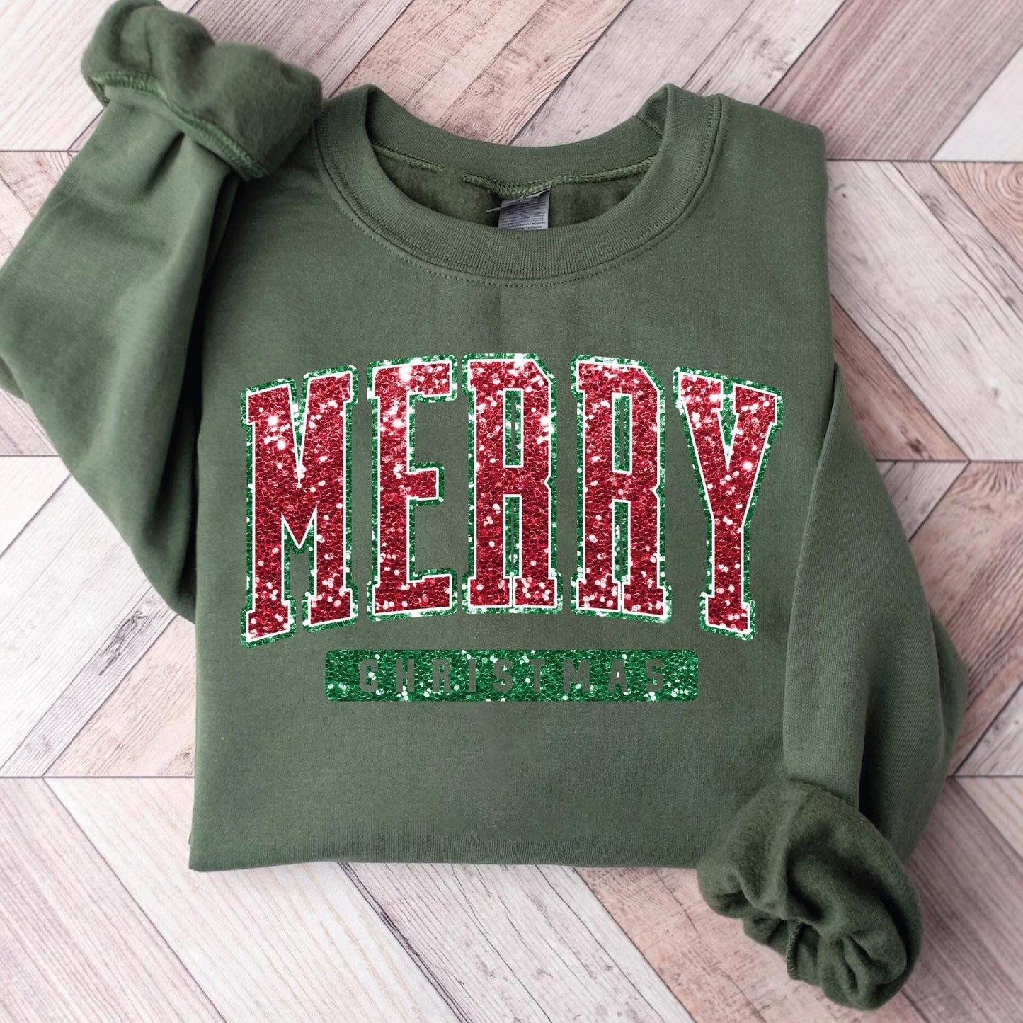 Merry Christmas Glittery Effect Sweatshirt, Cute Christmas Tees, Christmas Shirt, Christmas T-Shirt, Christmas Tees for Women, Chritmas Gift