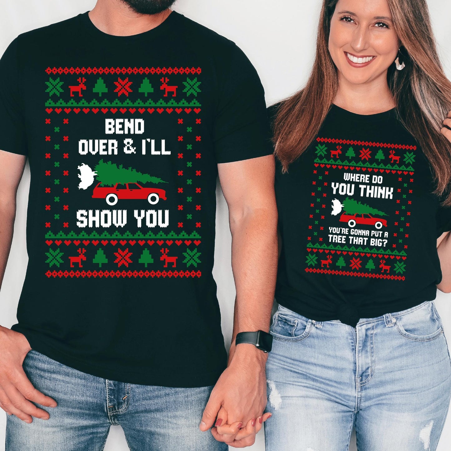 Bend over and i'll show you T-Shirts, Christmas Comfort Colors Tee, Matching couple Funny christmas Shirts, Ugly Vocation Tree Shirts