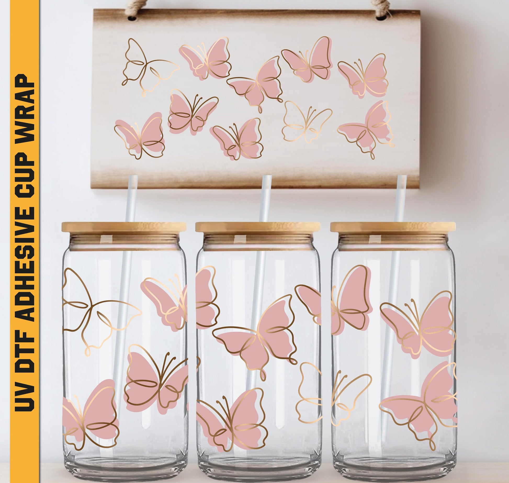 a set of four pink butterflies on a white background