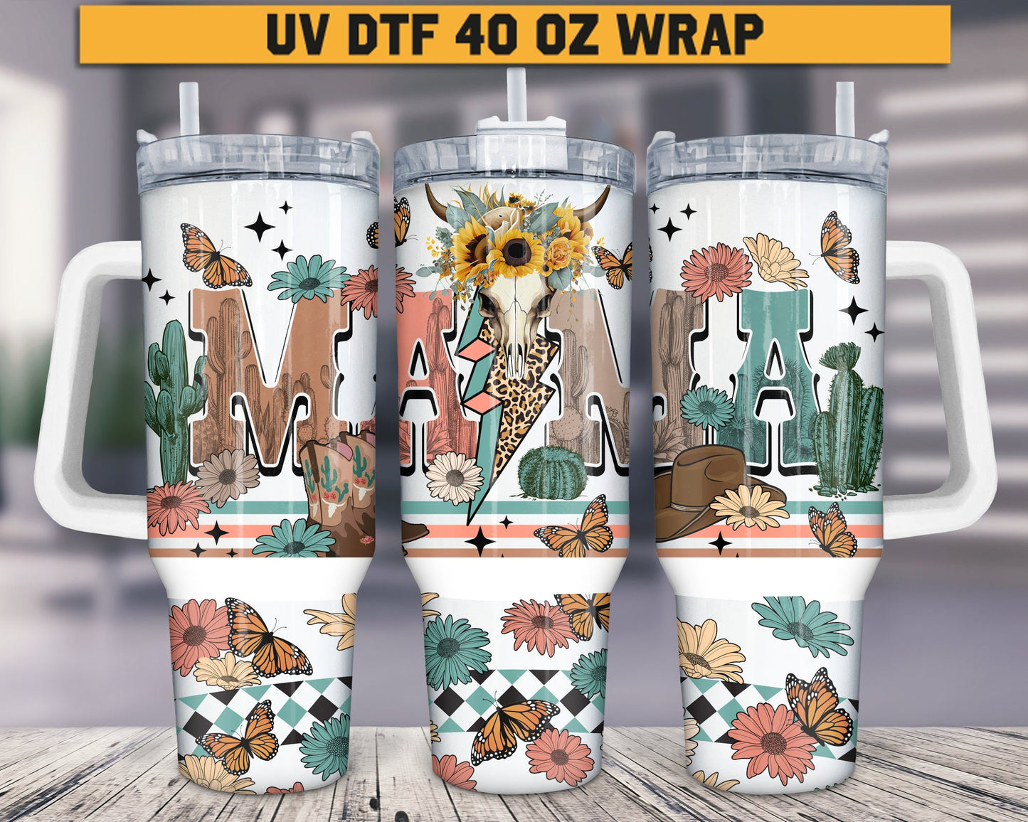 three travel mugs with a picture of a giraffe on them