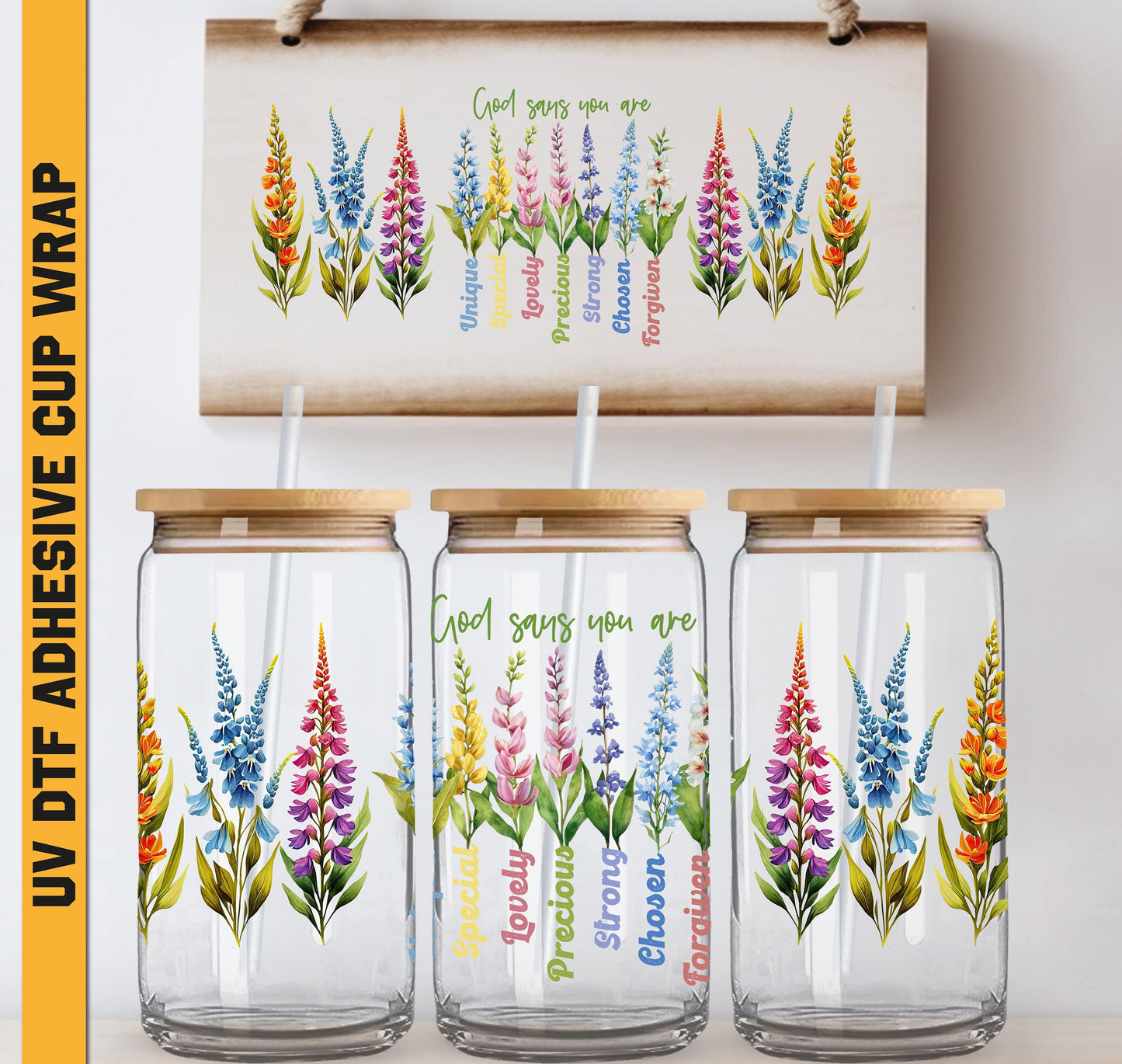 three glass jars with painted flowers on them