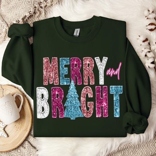 Merry and Bright Christmas Glittery Effect Sweatshirt, Cute Christmas Tees, Christmas Shirt, Christmas T-Shirt, Christmas Tees for Women