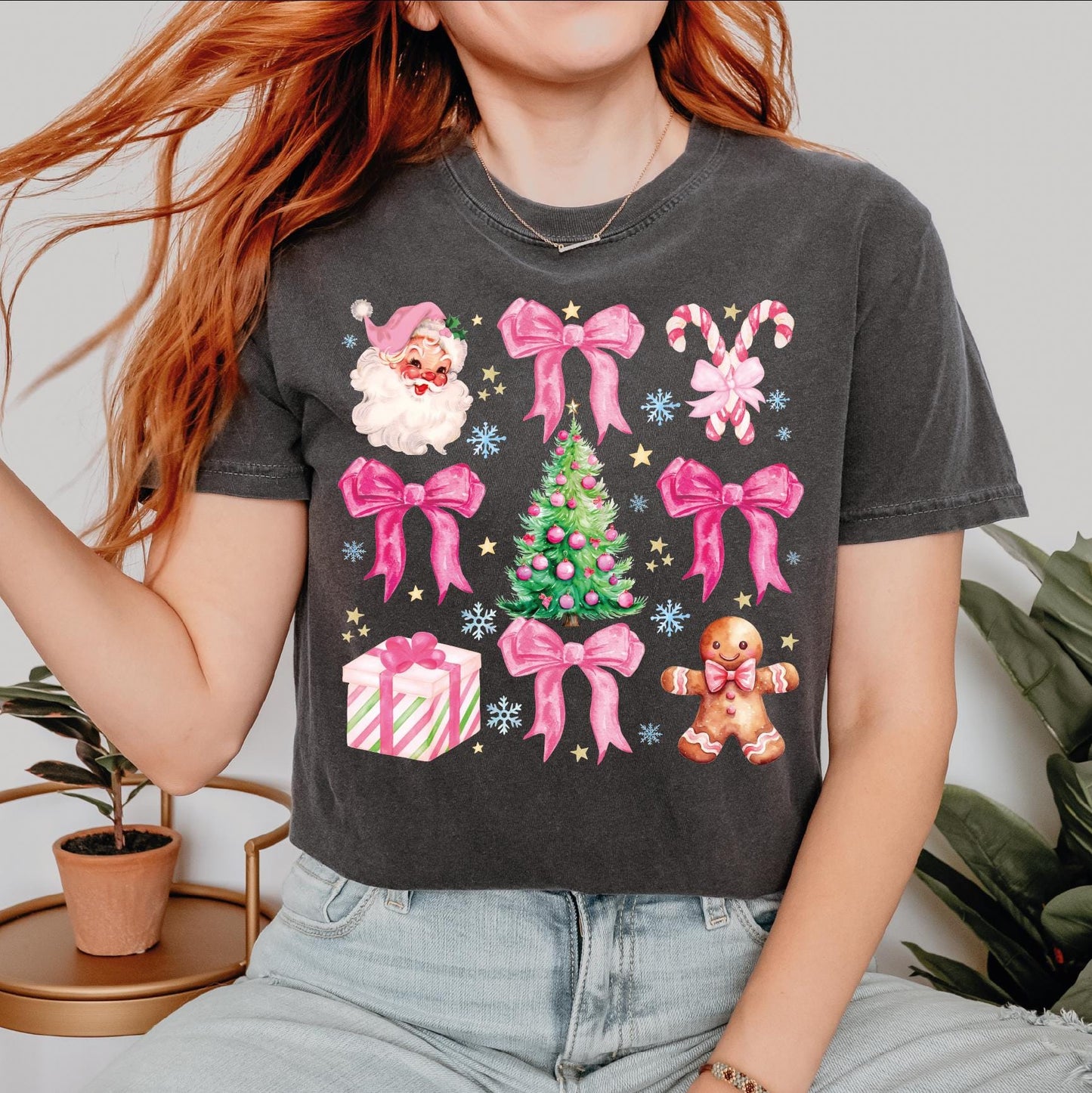 Coquette Bow Pink Christmas Shirt, Christmas Tree shirt, Comfort colors shirt, Santa bow shirt, Trendy Santa Shirt, Coquette Bow Xmas